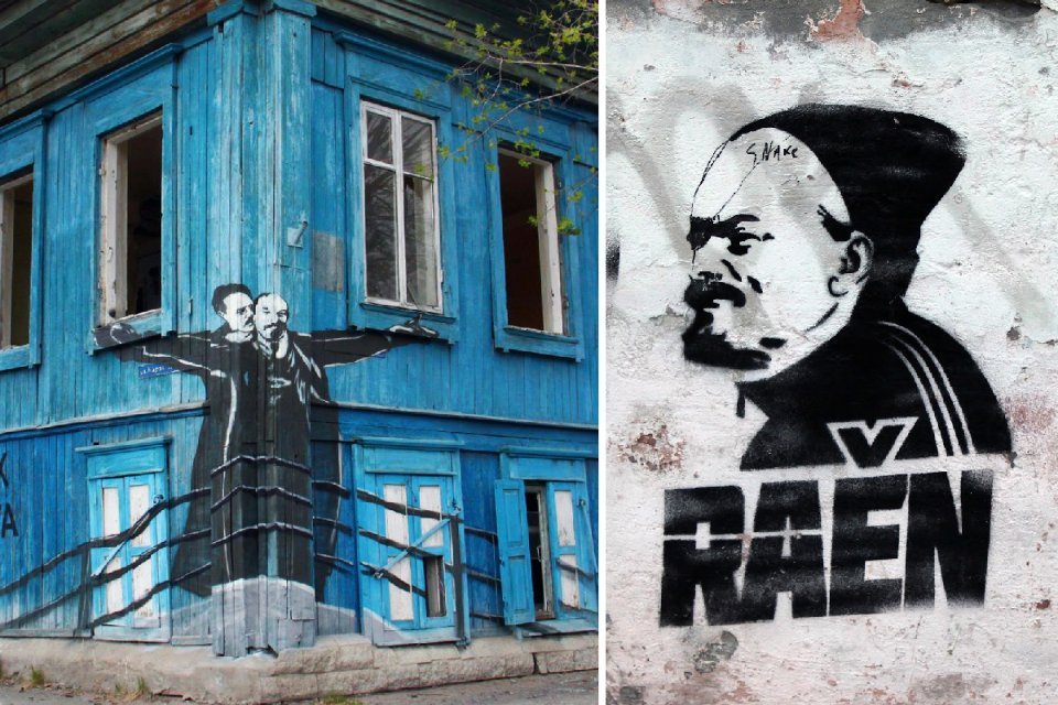 Слева: Ленин и Либкнехт в Шадринске. Справа: Ленин-гопник в Ульяновске