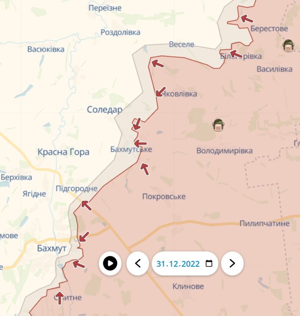 Орієнтовна лінія фронту біля Соледара станом на 31 грудня 