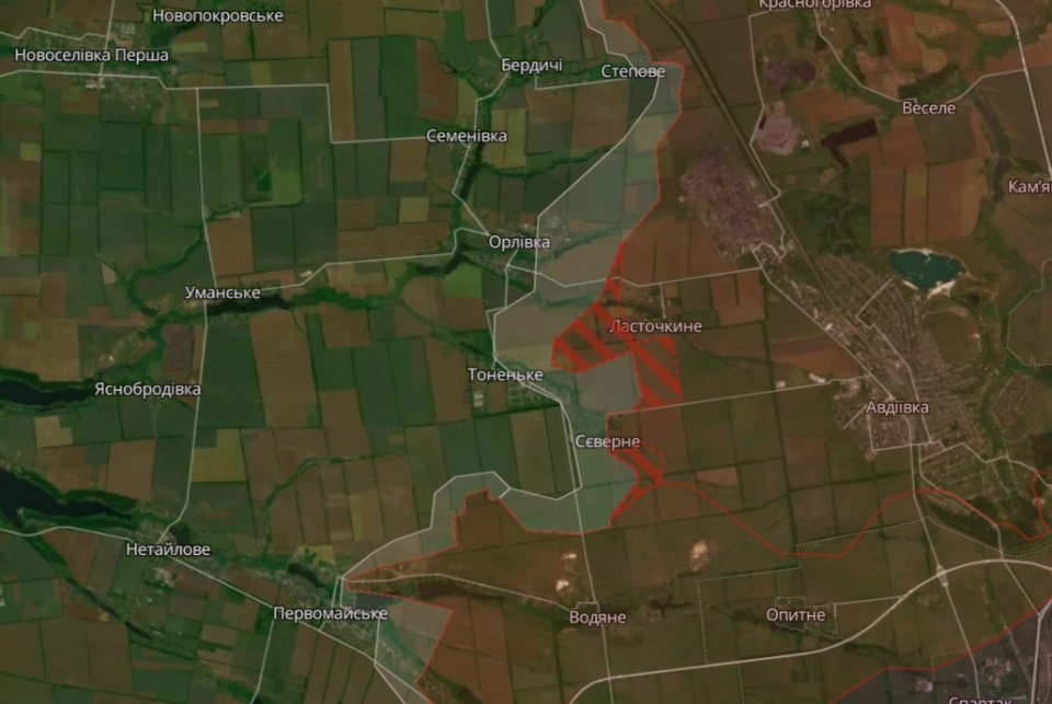 Орієнтовна лінія фронту біля Авдіївки станом на завершення 26 лютого / Deep State