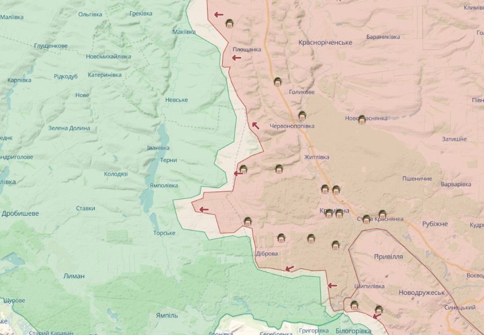 карта бойових дій на Куп’янському та Лиманському напрямках 13 березня / Deep State