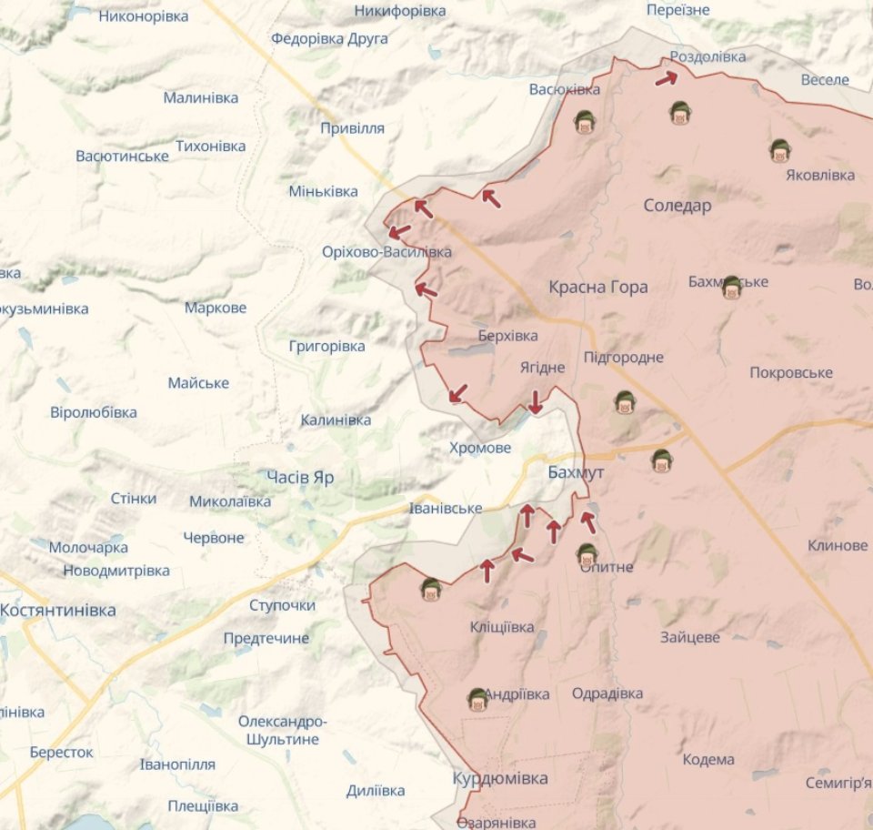 карта бойових дій на Бахмутському напрямку 13 березня / Deep State