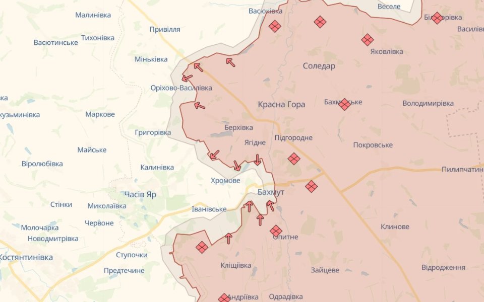 Орієнтовна лінія фронту на Бахмутському напрямку 20 березня