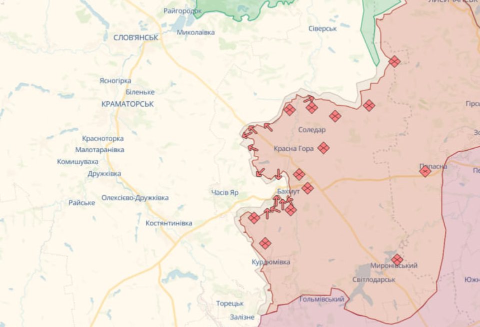 Орієнтовна лінія фронту на Бахмутському напрямку 14 березня 
