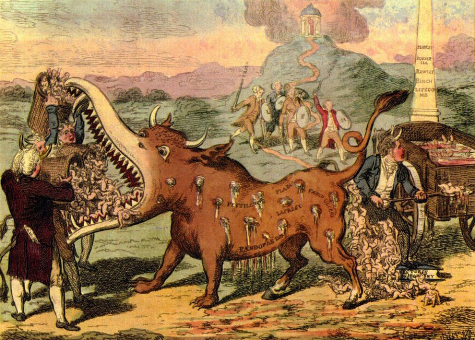Антивакцинатори вирушають на боротьбу з «монстром» — коровою, яка пожирає дітлахів. Карикатура 1807 року/ Vaxopedia.org