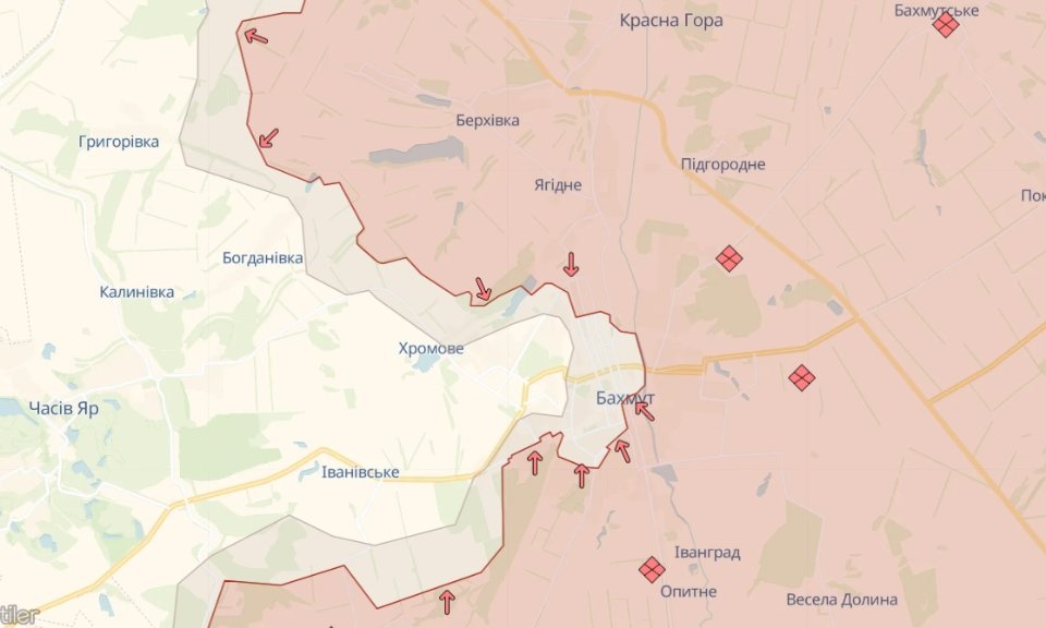 Орієнтовна лінія фронту на Бахмутському напрямку станом на 2 квітня 