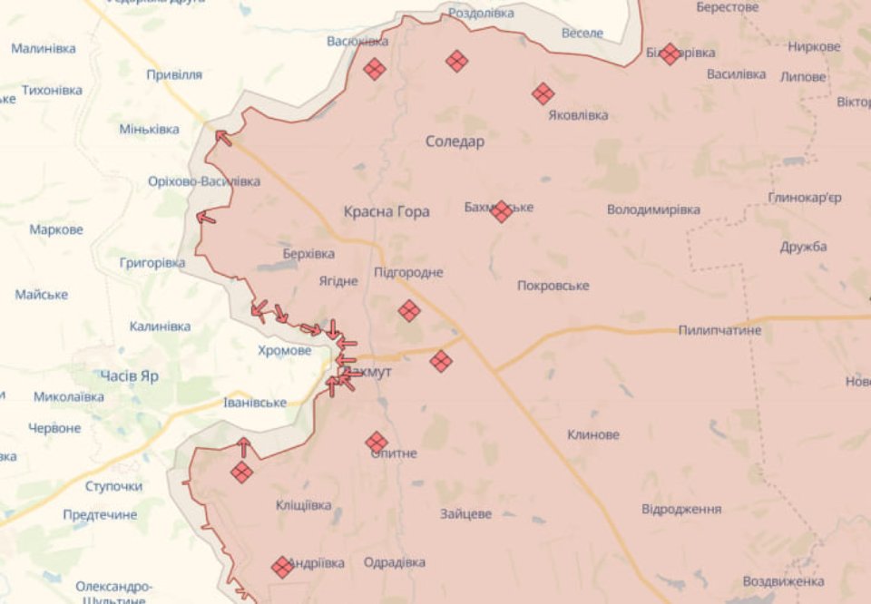 Орієнтовна лінія фронту біля Бахмута станом на 21 квітня 
