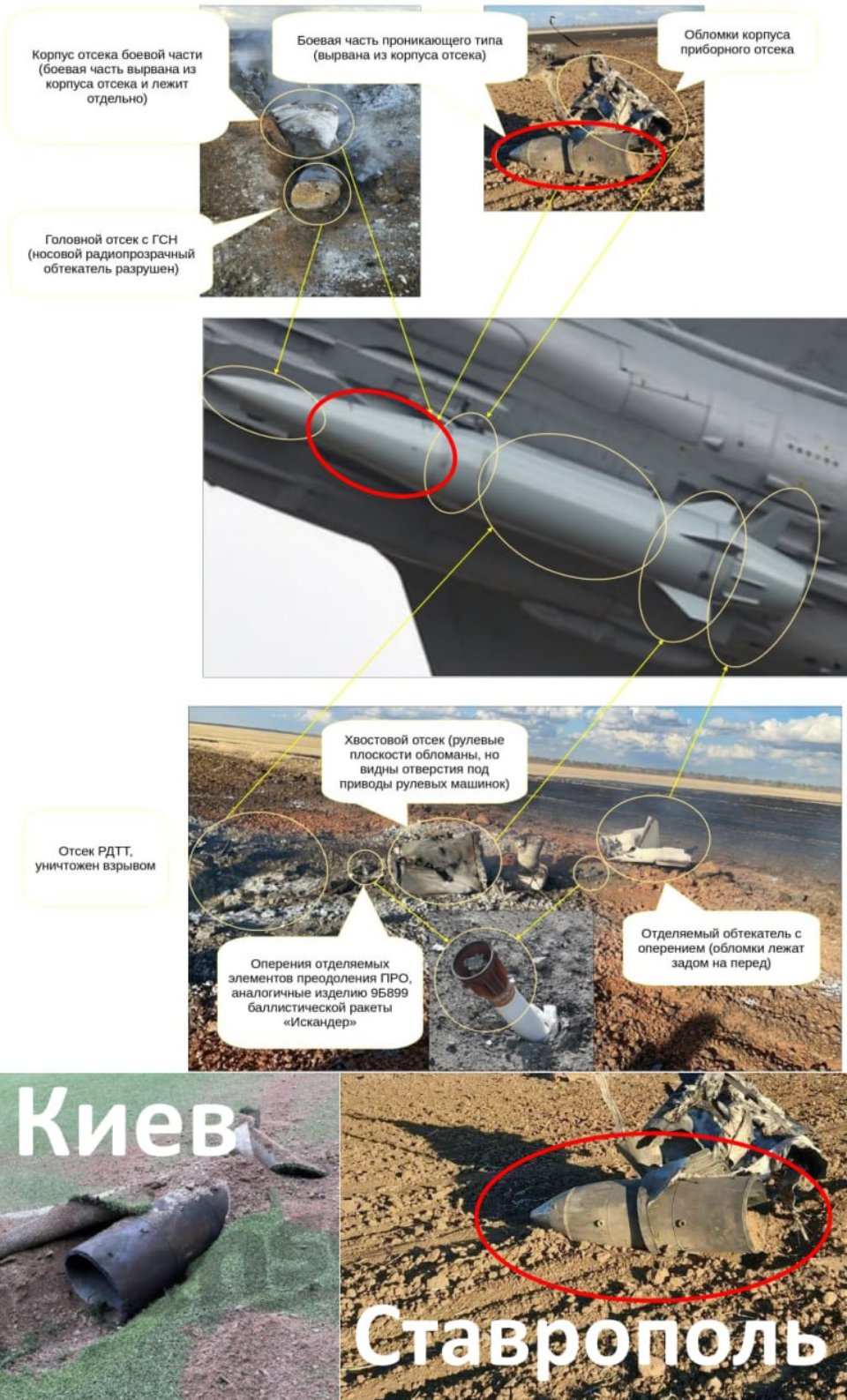Зверху аналіз уламків «Кинджалу», який впав у Ставрополі. Знизу зліва — фрагменти ракети, які знайшли у Києві.