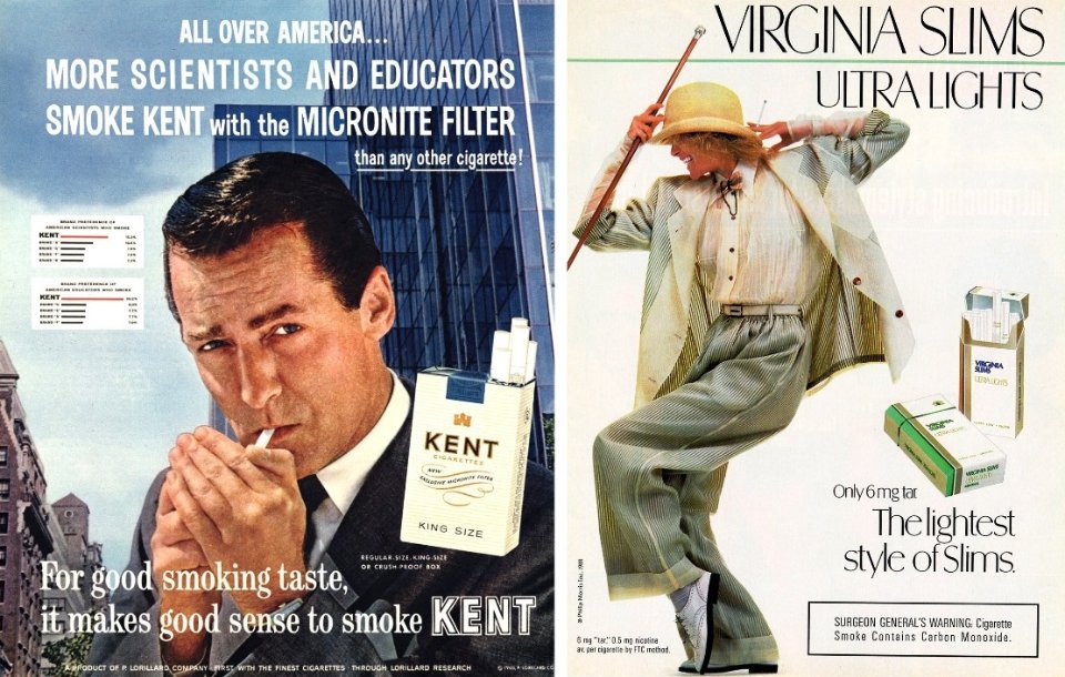 Зліва реклама сигарет Kent з мікронітовим фільтром (1959 р.), справа — «ультралегких» Virginia Slims (1988 р.) / SRITA