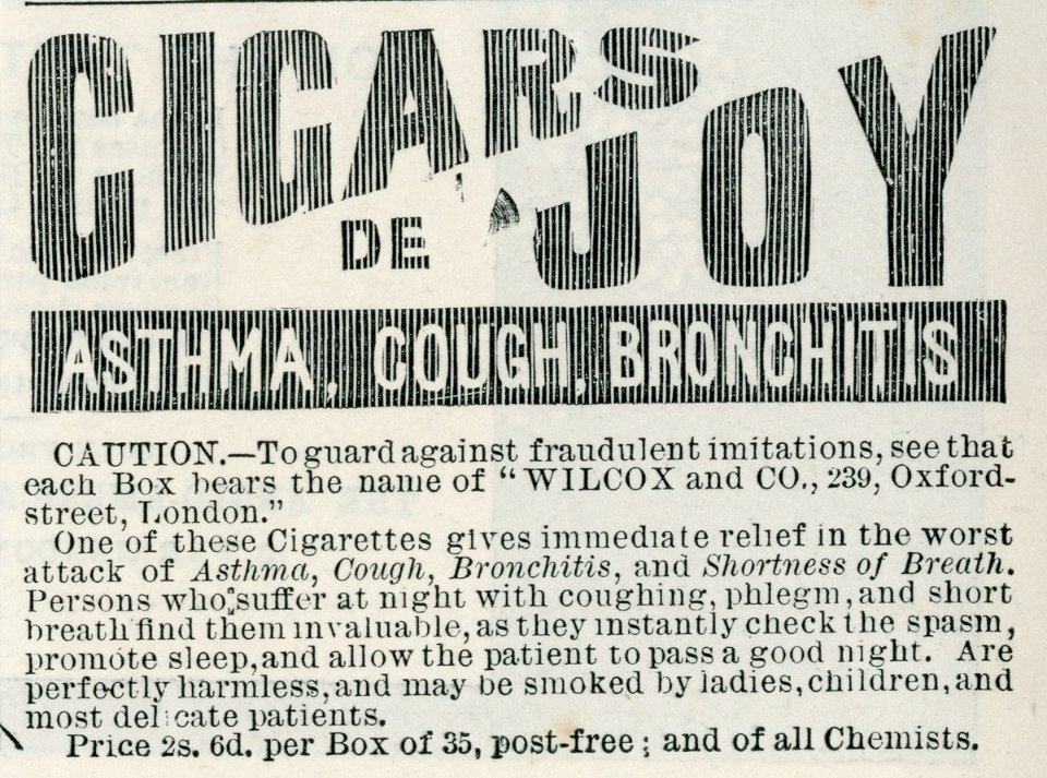 Реклама сигар De Joy, які просувалися як ліки від астми, кашлю та бронхіту і безпечні для жінок та дітей (1888 р.)