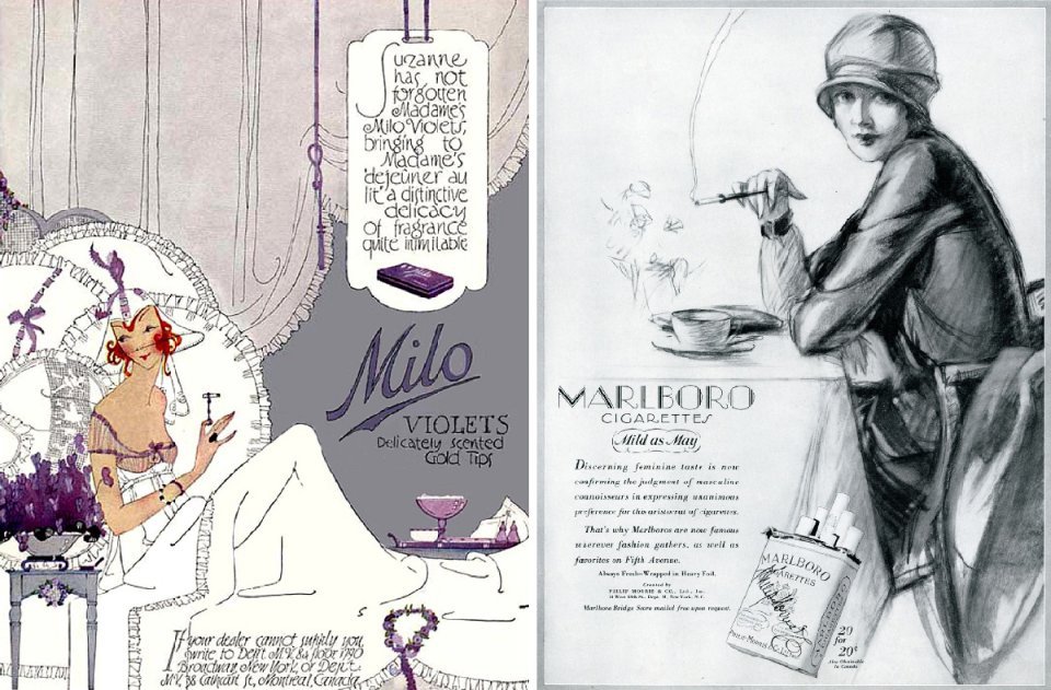 Реклама жіночих сигарет Milo Violets від American Tobacco (1919 р.) та Marlboro від Philip Morris (1927 р.) / SRITA