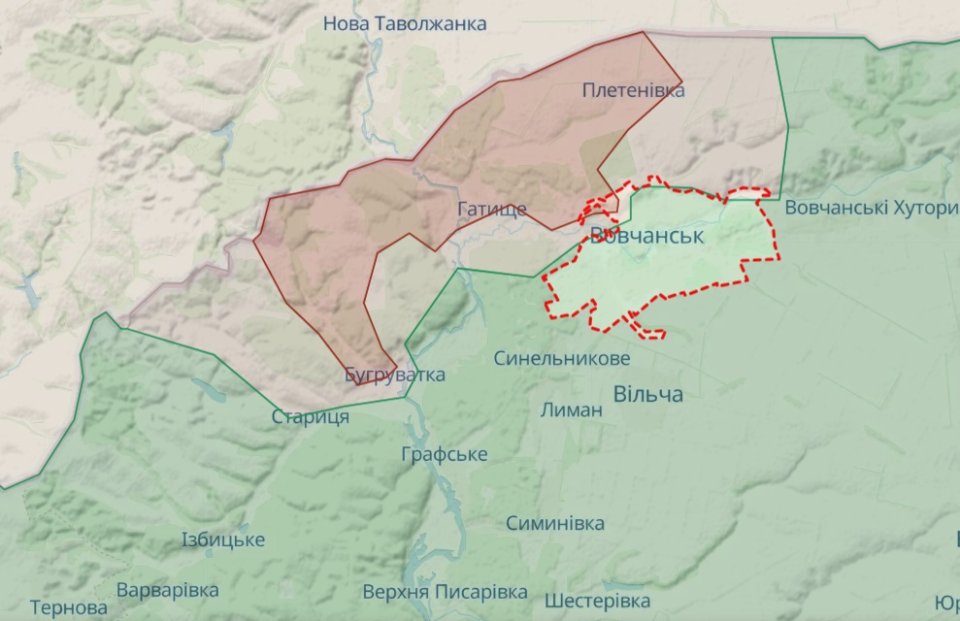 Орієнтовна лінія фронту біля Вовчанська станом на 4 ранку 15 травня / Deep State
