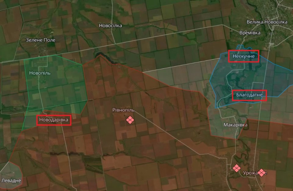 Карта бойових дій Новодарівка Нескучне Сторожове Благодатне