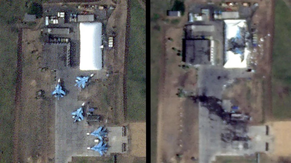 Ліворуч — майданчик технічного обслуговування літаків та ангар поруч 4 червня. Праворуч — ця ділянка 14 червня. Фото: Planet Labs / The War Zone