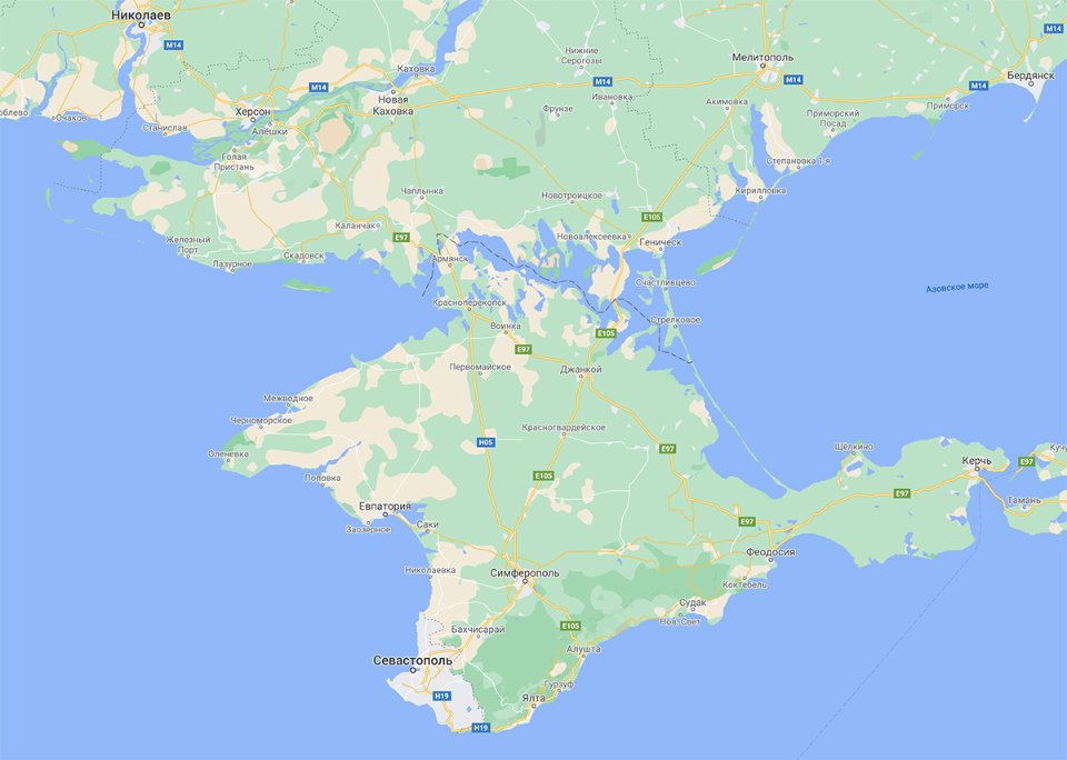 Версія Google зі «спірним» Кримом. Його адміністративний кордон з Херсонською областю позначений пунктирною лінією