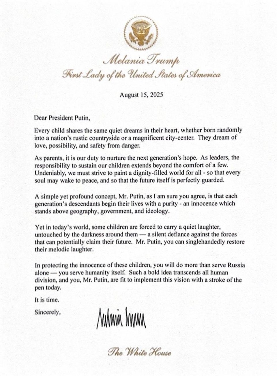 Лист Меланії Трамп до путіна