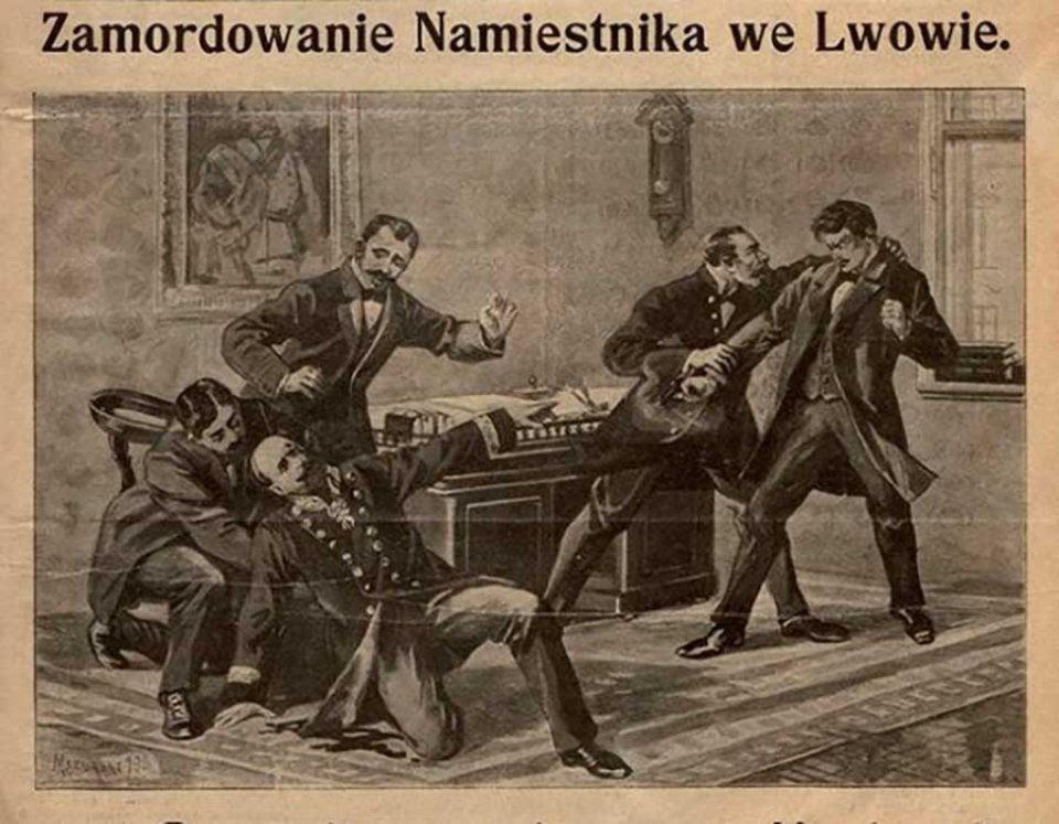 12 квітня 1908 року Мирослав Січинський випустив чотири кулі в галицького намісника, після чого сказав «Це за кривди нашого народу, за вибори, за смерть Каганця». Ілюстрація з краківської газети «Nowości Illustrowane», 18 квітня 1908 року.