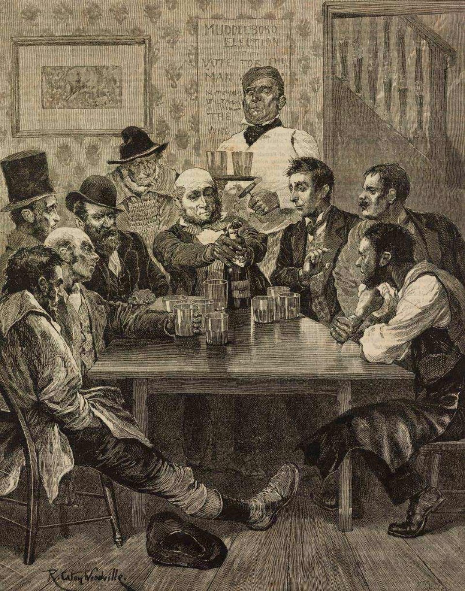 Обговорення виборів за келихом пива чи чогось міцнішого — давня традиція. І не тільки в Британії. Англійська гравюра 1886 року.