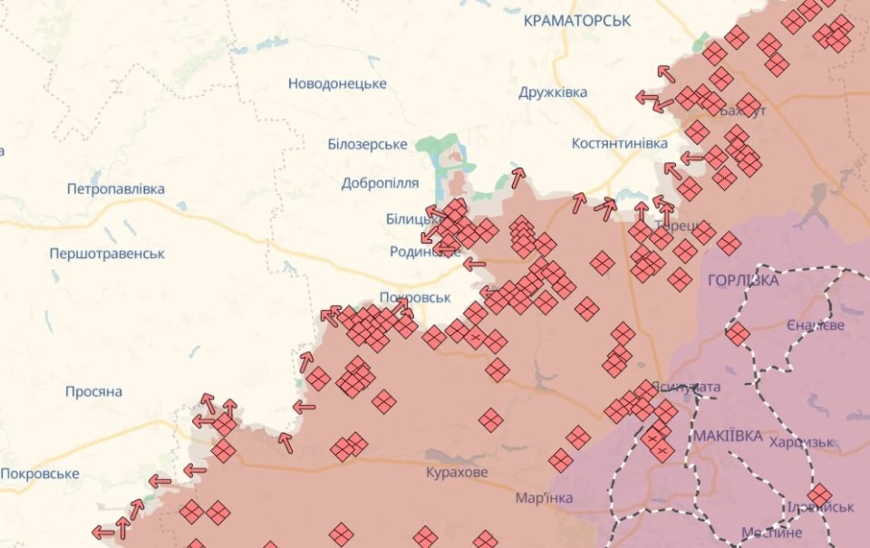 Карта бойових дій в Україні станом на 16 жовтня 2025 року
