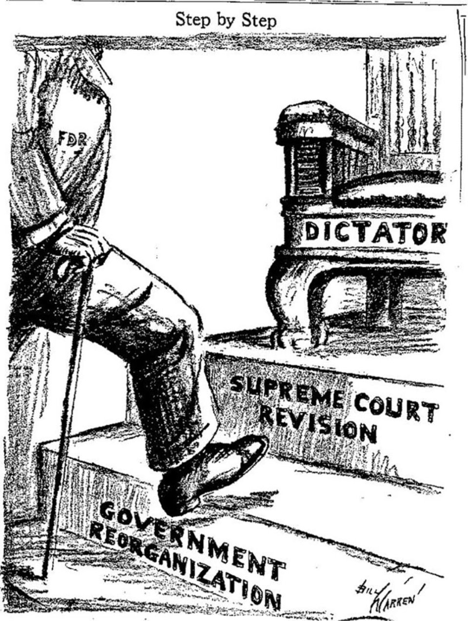 Карикатура 1937 року зображує шлях Рузвельта до диктатури. Друга сходинка — переформатування Верховного суду