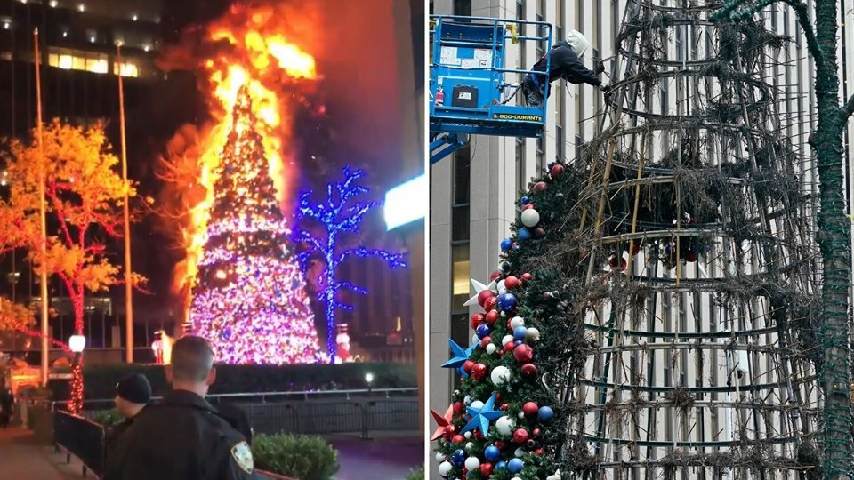 Сгоревшая елка Fox News в Нью-Йорке