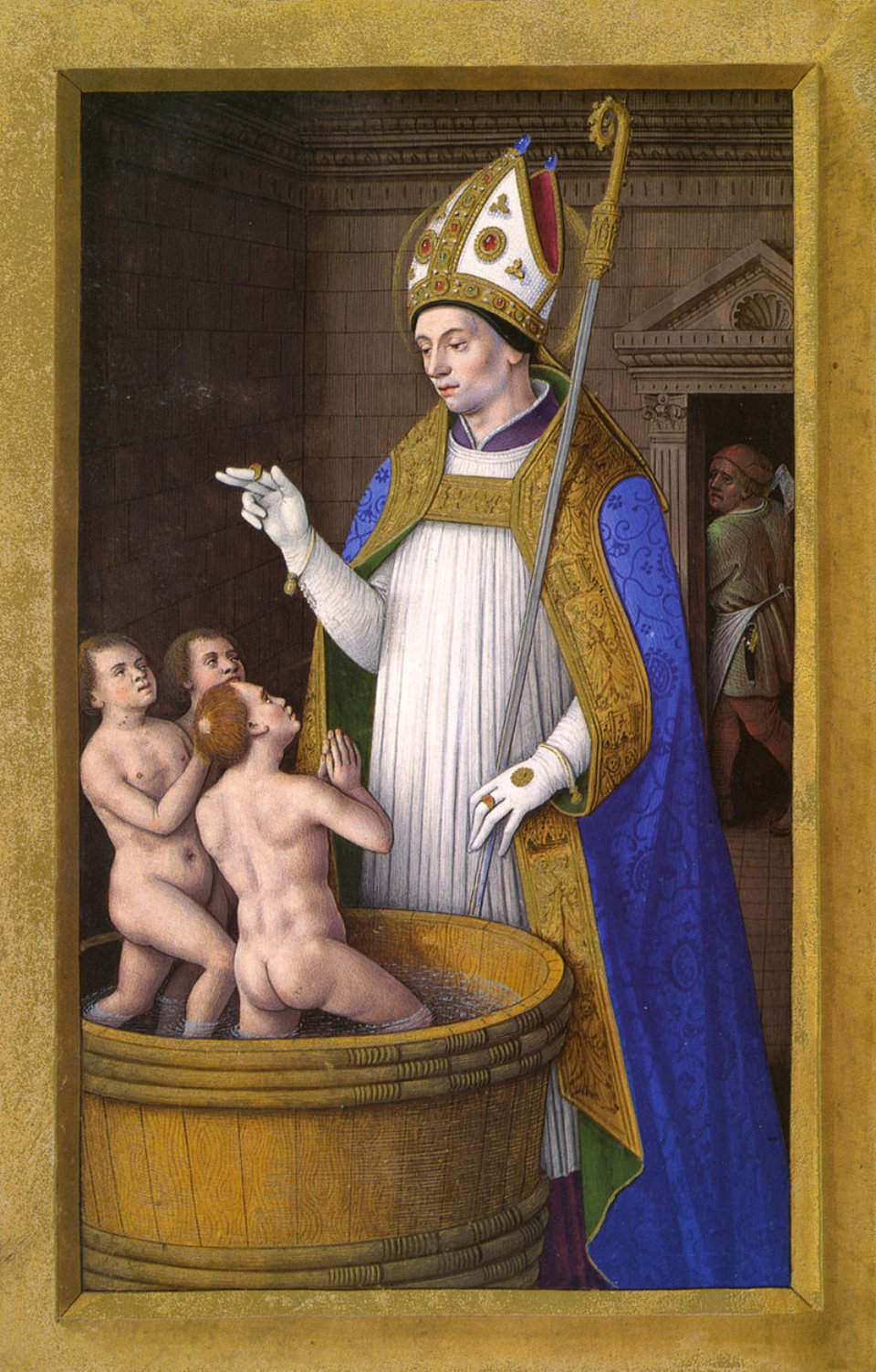 Зображення святого Миколая, який воскрешає трьох хлопчиків, з «Великого часослову Анни Бретонської» (початок ХVI століття)