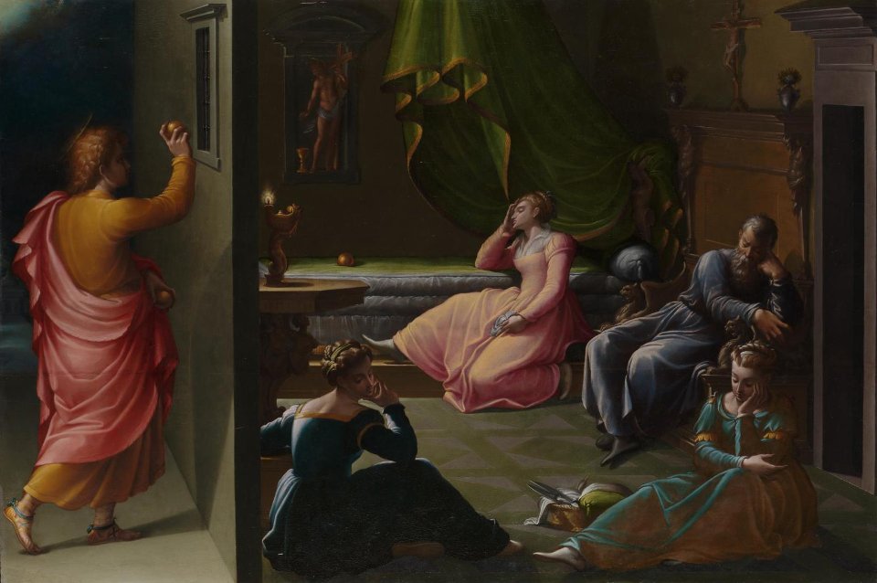 Святий Миколай та три бідні діви. Картина італійського живописця Джироламо Маккієтті (середина  ХVI століття)