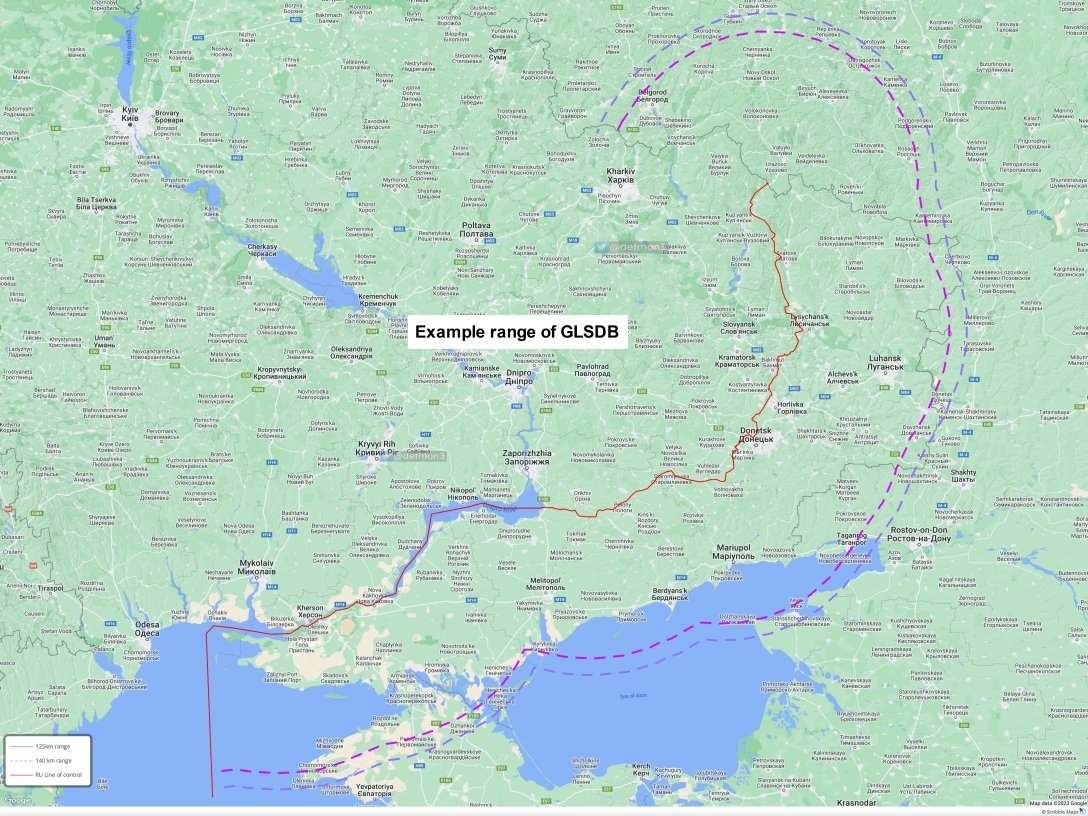 Дальність ураження ракетами GLSDB, карта України