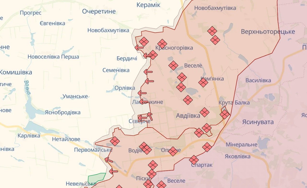 Орієнтовна лінія фронту біля Авдіївки 25 лютого 2024