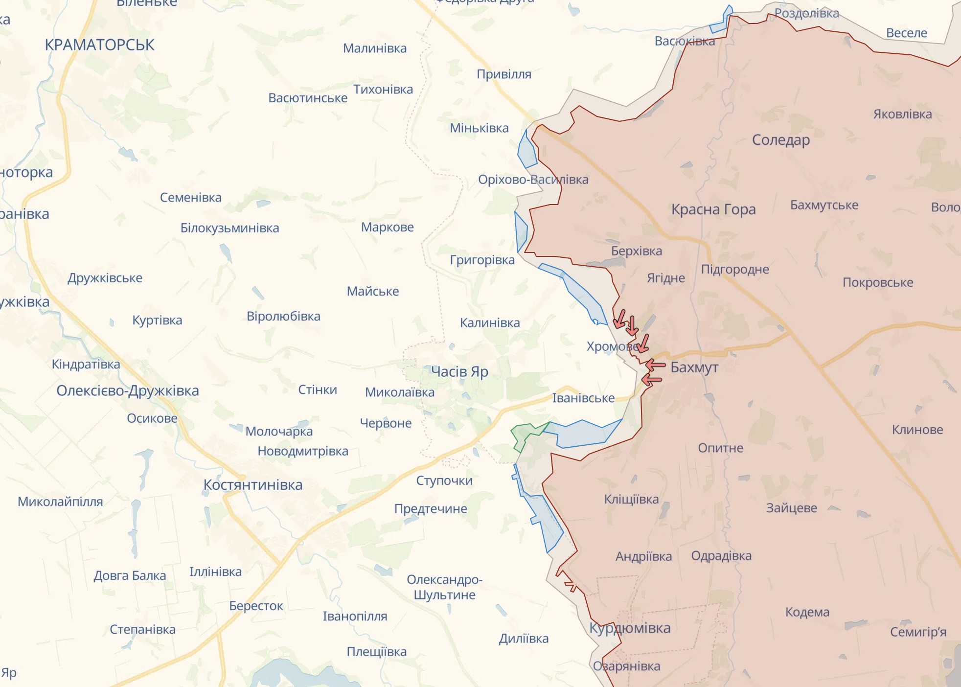 Орієнтовна лінія фронту на Бахмутському напрямку 19 травня / Deep State