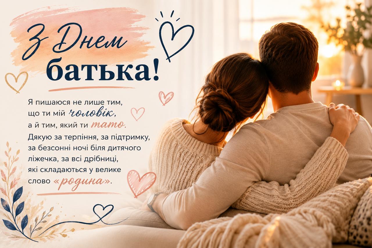 Привітання з Днем батька для чоловіка Картинка з привітання з Днем батька для чоловіка від дружини