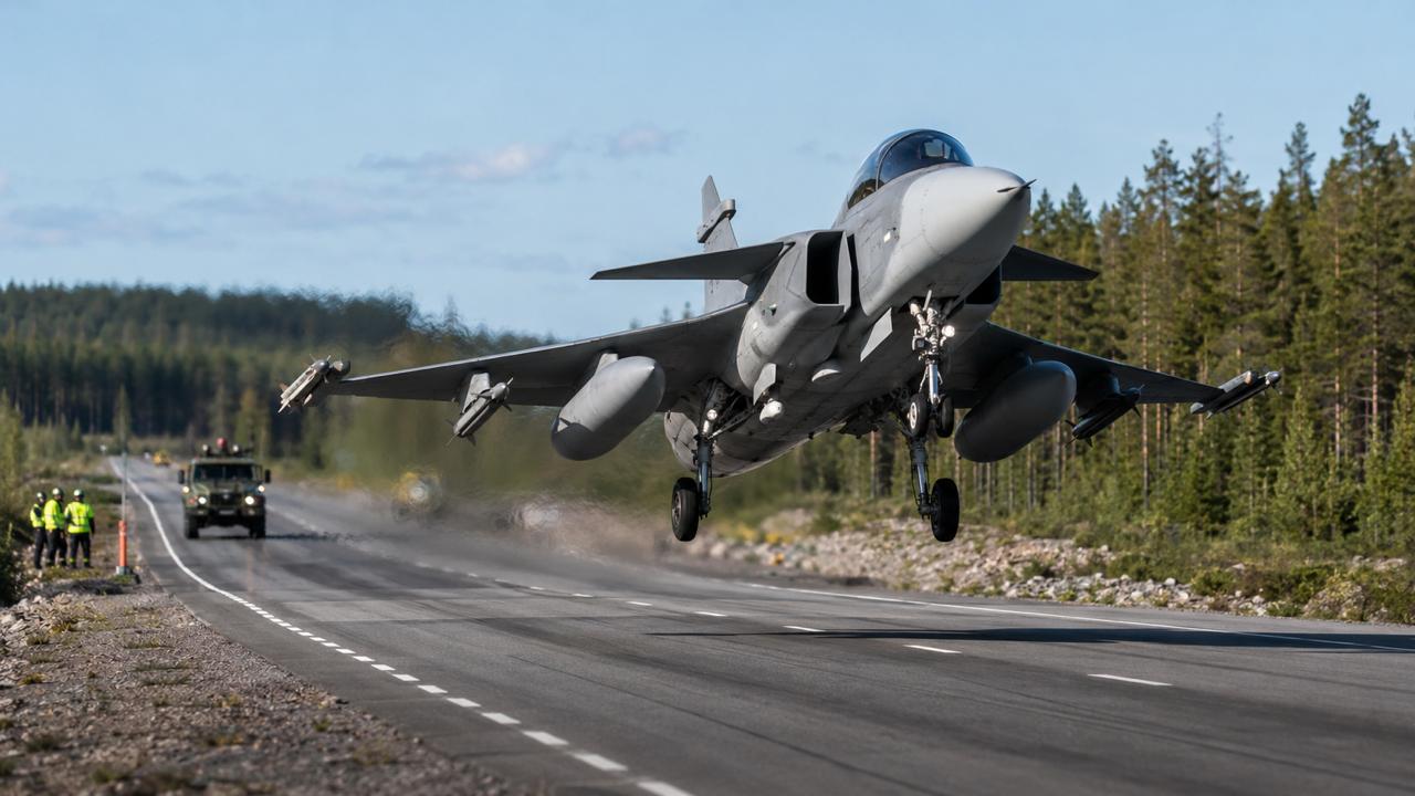Шведський винищувач Saab JAS 39 Gripen E на тимчасовій злітній смузі, облаштованій на автомобільній дорозі, під час підготовки до бойового вильоту.