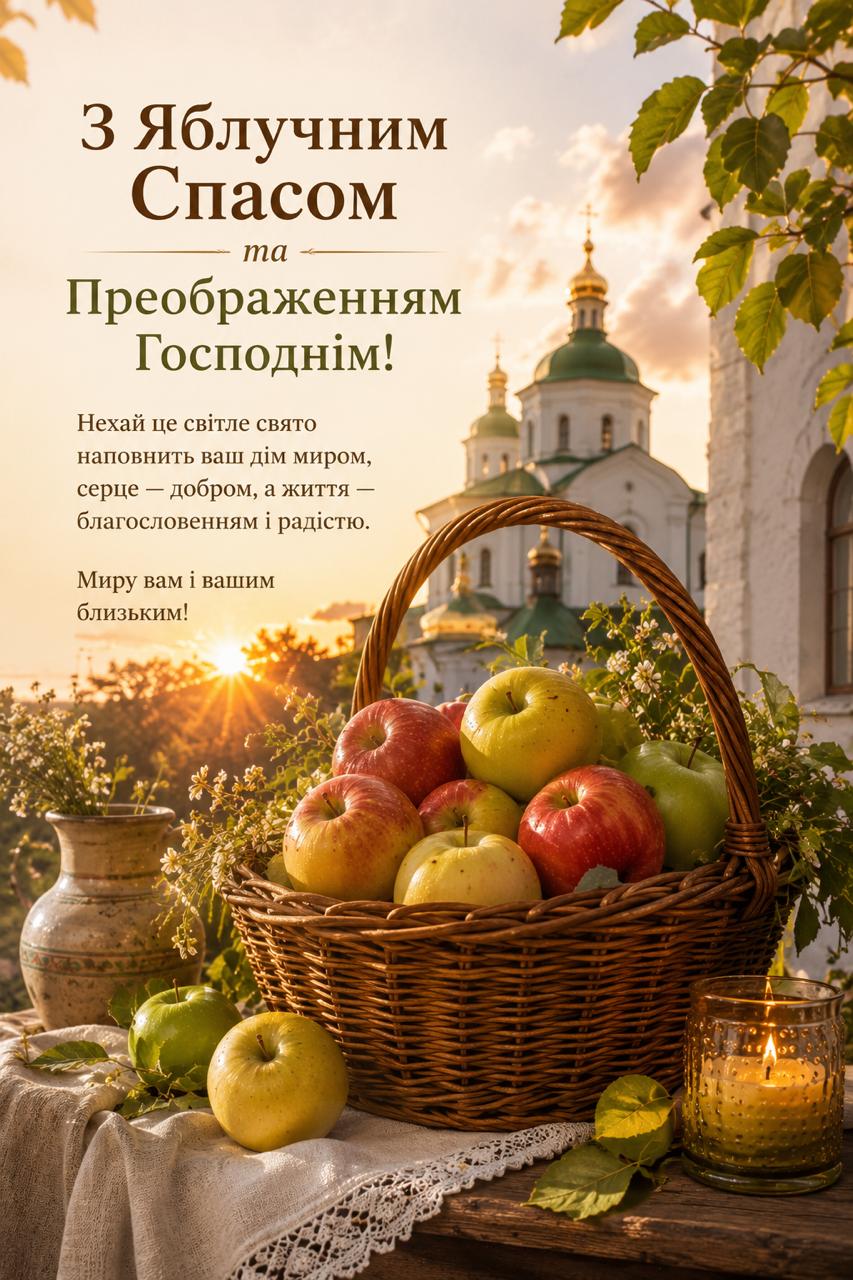 З Яблучним Спасом — листівка з побажанням миру й здоров’я