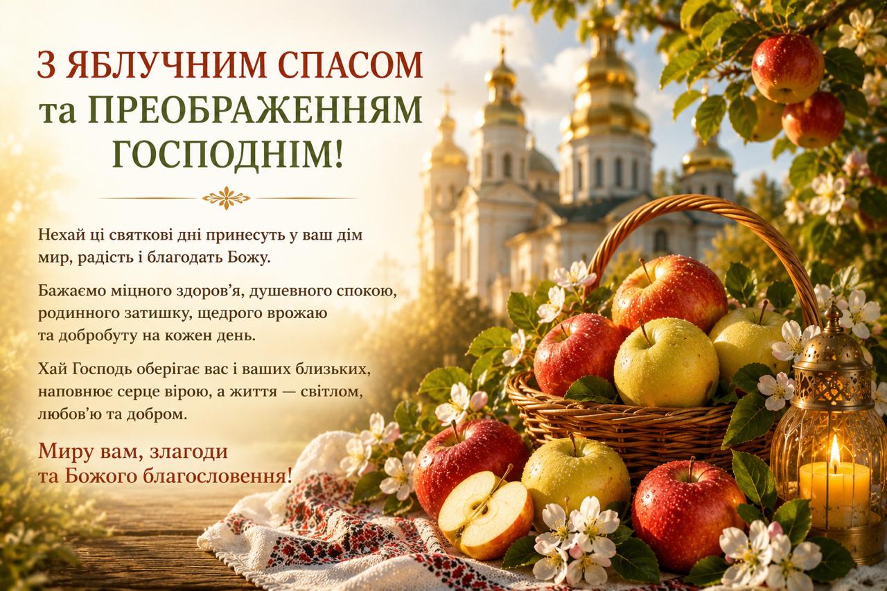 Красива листівка з яблуками на Преображення Господнє