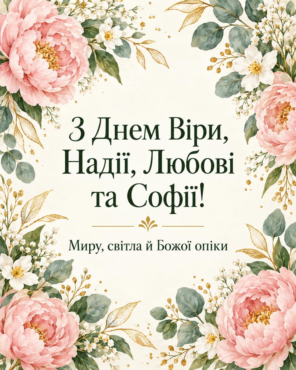 З Днем Віри, Надії, Любові та Софії 2026 — красива листівка з квітами