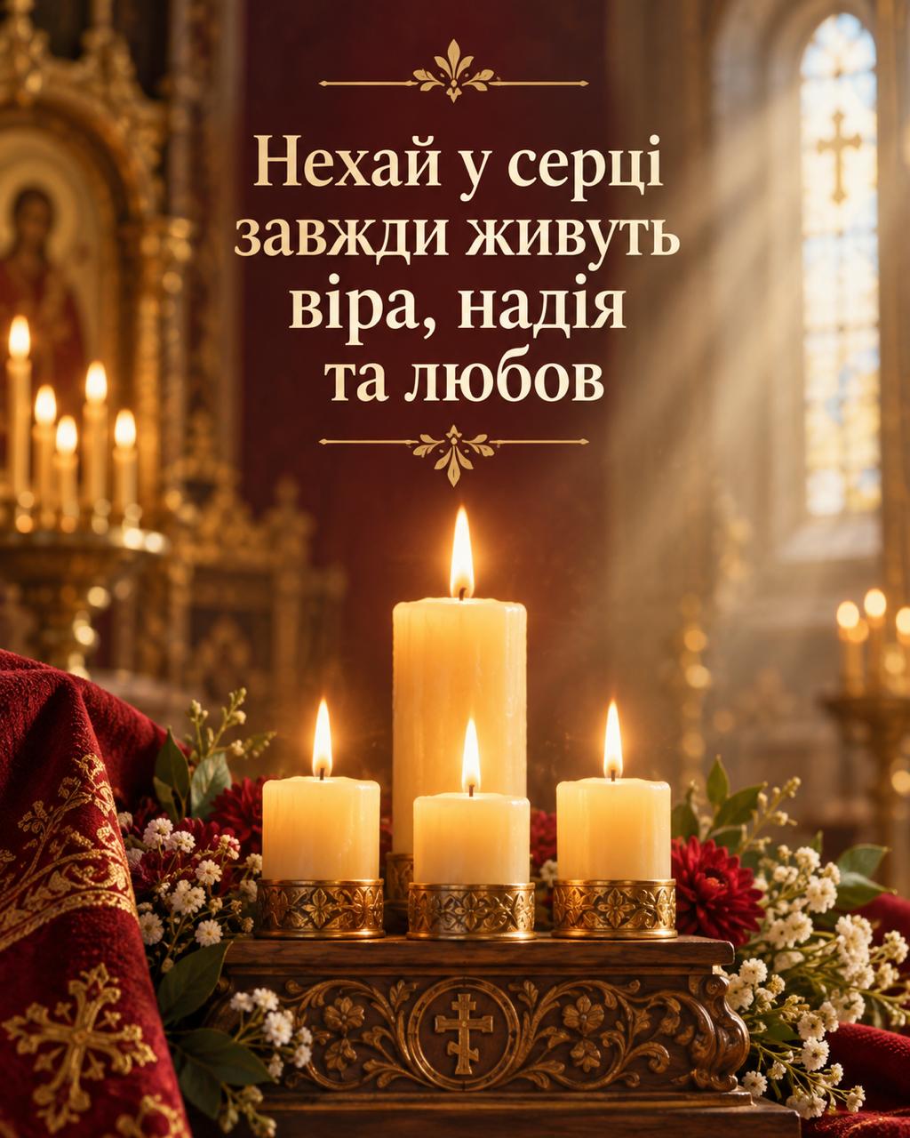 Віра, надія та любов — християнська листівка зі свічками