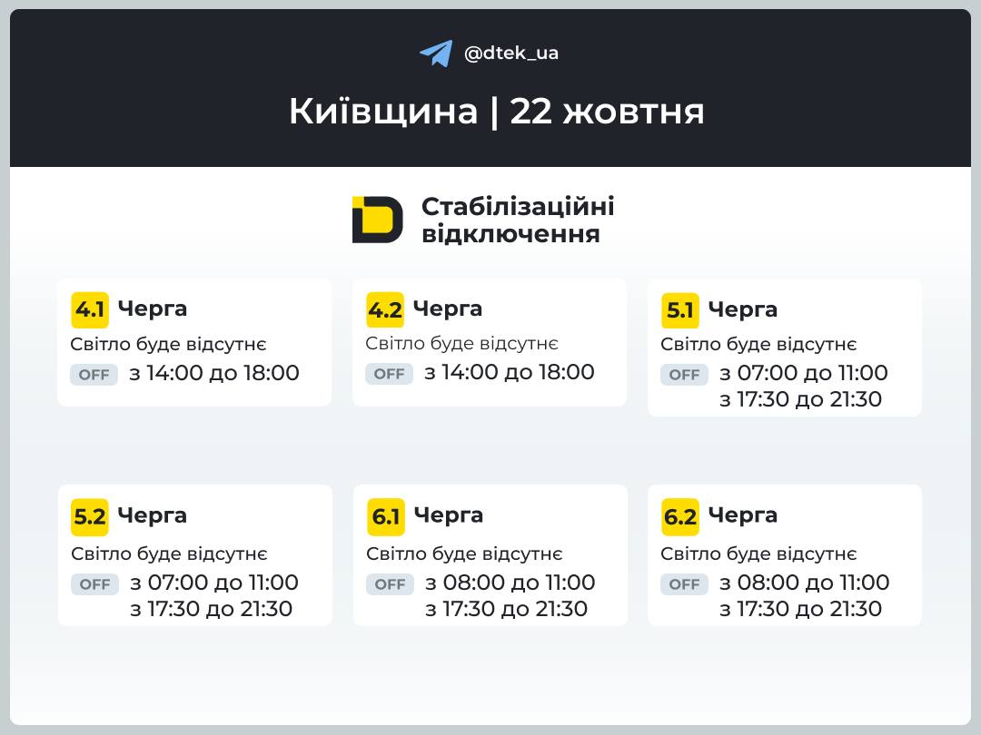 Відключення світла на Київщині 22 жовтня: графік ДТЕК