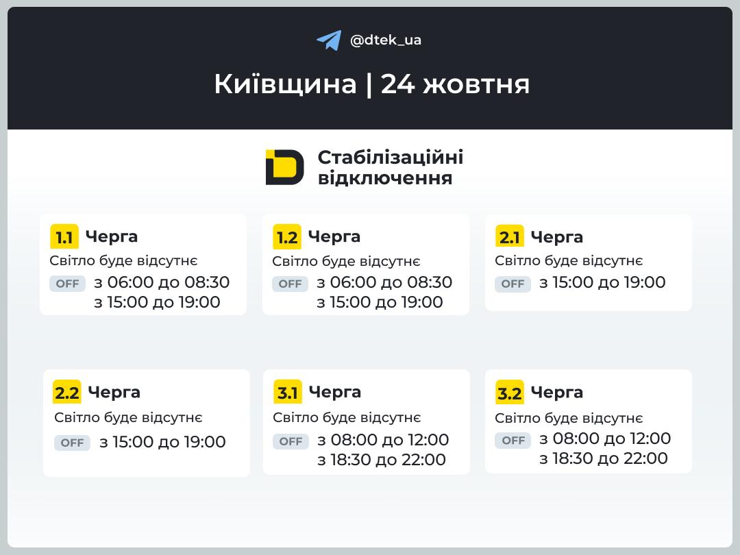 Відключення світла на Київщині 24 жовтня: графік ДТЕК