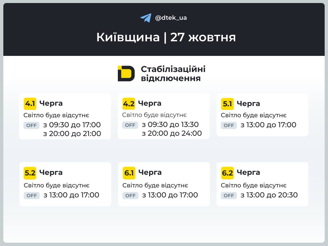 Відключення світла на Київщині 27 жовтня: графік ДТЕК